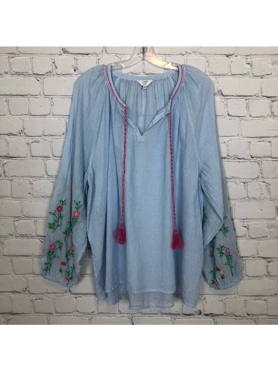 crown & ivy Tops - Crown & Ivy Blue White Striped Embroidered Top Plus Size 2X